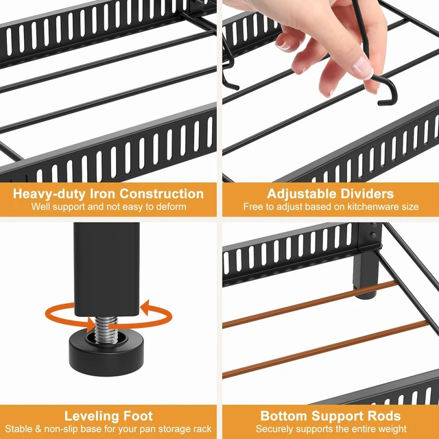 Alt view image 5 of 7 - 2 Tier Expandable Pot and Pan Lid Organizer Holder Rack | 12"-20" Expandable, Adjustable Dividers, 2 DIY Methods for Flexible Storage