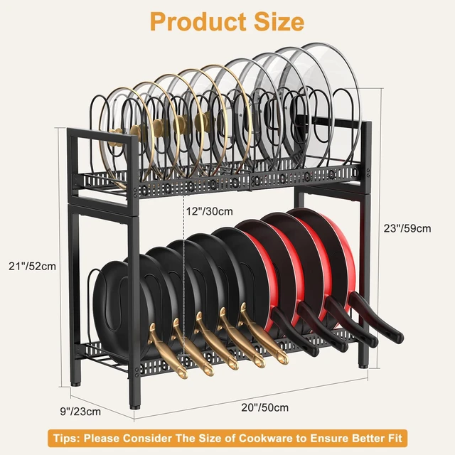 Alt view image 7 of 7 - 2 Tier Expandable Pot and Pan Lid Organizer Holder Rack | 12"-20" Expandable, Adjustable Dividers, 2 DIY Methods for Flexible Storage