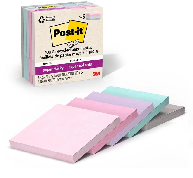 Main image of 100% Recycled Paper Super Sticky Notes, 3 in. x 3 in., Wanderlust Pastels, 5 Pads/Pack, 70 Sheets/Pad: Multicolored Stationery, Uncoated