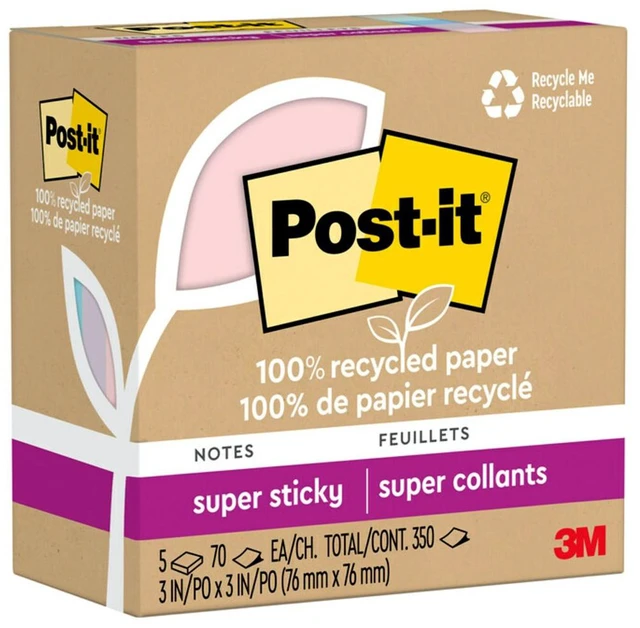Alt view image 4 of 7 - 100% Recycled Paper Super Sticky Notes, 3 in. x 3 in., Wanderlust Pastels, 5 Pads/Pack, 70 Sheets/Pad: Multicolored Stationery, Uncoated