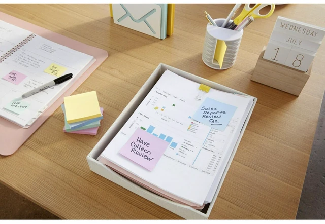 Alt view image 2 of 7 - 100% Recycled Paper Super Sticky Notes, 3 in. x 3 in., Wanderlust Pastels, 5 Pads/Pack, 70 Sheets/Pad: Multicolored Stationery, Uncoated