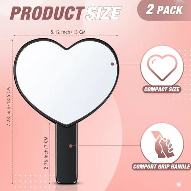 Alt view image 3 of 7 - 2 Pieces Heart Shaped Handheld Cosmetic Mirrors, Black