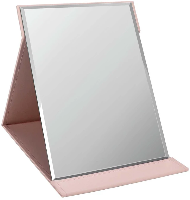 Main image of 12x9 Inches Portable Folding Makeup Mirror, Frameless PU Leather Desk Mirror with Stand for Camping Travel Tabletop Personal, Pink