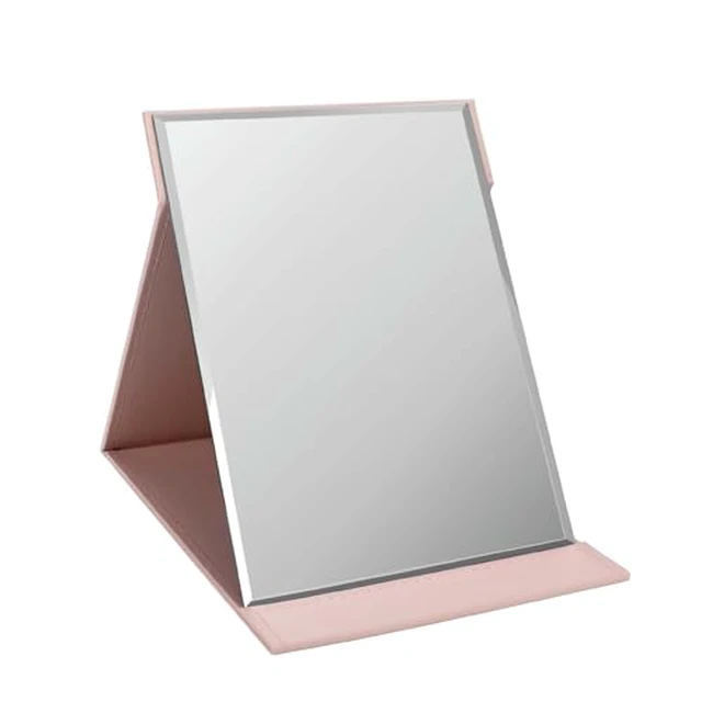 Alt view image 2 of 4 - 12x9 Inches Portable Folding Makeup Mirror, Frameless PU Leather Desk Mirror with Stand for Camping Travel Tabletop Personal, Pink
