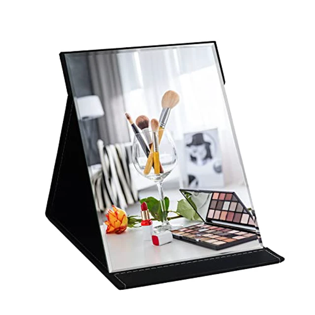 Alt view image 3 of 4 - 12x9 Inches Portable Folding Makeup Mirror, Frameless PU Leather Desk Mirror with Stand for Camping Travel Tabletop Personal, Pink