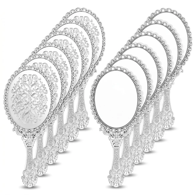 Main image of 12 Pack Vintage Handheld Mirror, 6.9 in × 3 in Sliver Embossed Floral Portable Princess Mirror with Handle, Mini Portable Hand Mirrors for Women Princess Party Makeup