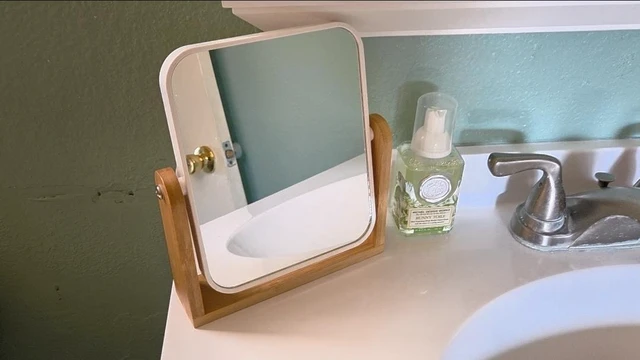 Alt view image 3 of 5 - Vanity Makeup Mirror with Natural Bamboo Stand, Double Sided 360 Degree Swivel Magnifying Mirror, Tabletop Magnified Make up Mirror for Bathroom or Bedroom 8 Inch