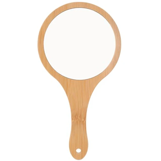 Alt view image 2 of 3 - Wooden Hand Held Mirror Single Sided Vanity Makeup Shaving Accessory Small Portable Travel Instrument with Hole Hanging Handle Male Female Adult Personal Morning Grooming