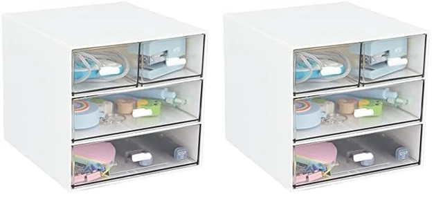 Alt view image 2 of 5 - Desk Organizer with 4 Drawers, Clear Plastic Desk Storage Box, Desktop Organization for Office Supplies, Gel Pens, Pencils, Markers, Tape, Erasers, Paperclips, Chargers (White-4 Draws)
