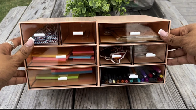 Alt view image 4 of 5 - Desk Organizer with 4 Drawers, Clear Plastic Desk Storage Box, Desktop Organization for Office Supplies, Gel Pens, Pencils, Markers, Tape, Erasers, Paperclips, Chargers (White-4 Draws)