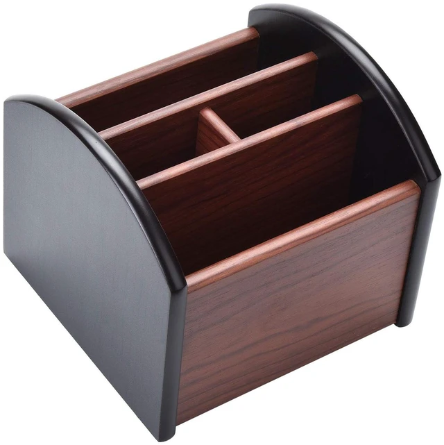 Main image of Wooden Desk Organizer, 4 Compartment Revolving Wood Desktop Organizer Office Supplies Rotating Remote Control Caddy Holder (Desk Organizer-4)