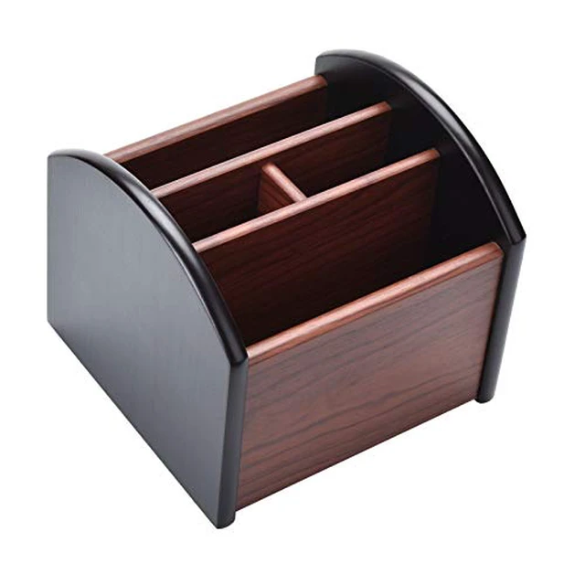 Alt view image 2 of 5 - Wooden Desk Organizer, 4 Compartment Revolving Wood Desktop Organizer Office Supplies Rotating Remote Control Caddy Holder (Desk Organizer-4)