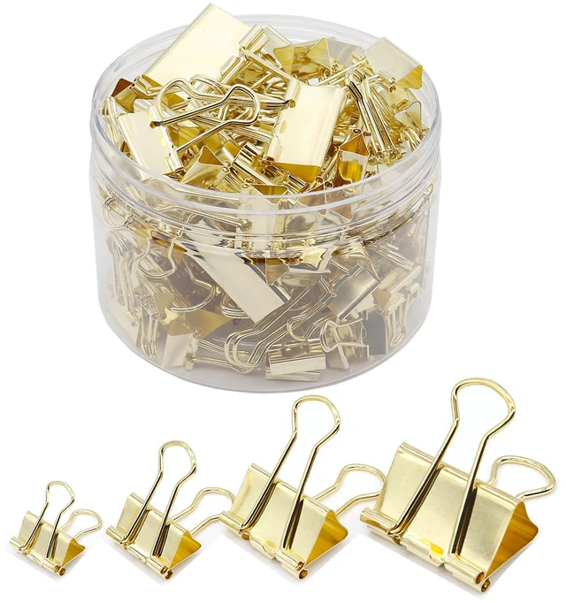 Main image of Binder Clip Paper Clamps, Assorted Sizes (Mini, Small, Medium, Large), 100 Pcs Clips for Office School Supplies (Gold)