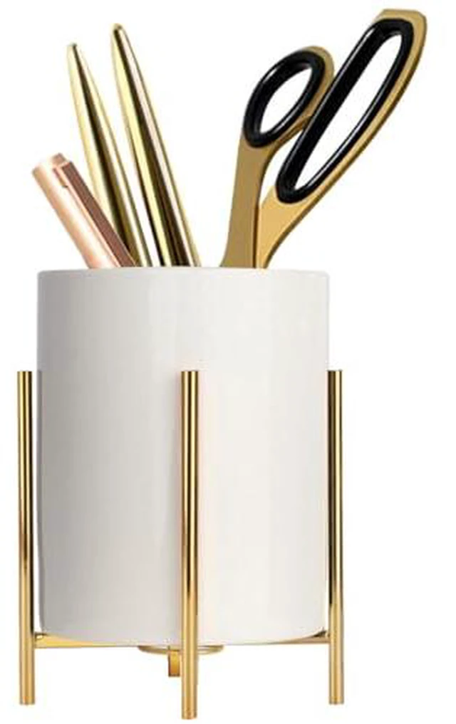 Alt view image 2 of 5 - pencil cup Sturdy metal frame with white ceramic pen holder For desks and kitchen appliance holders