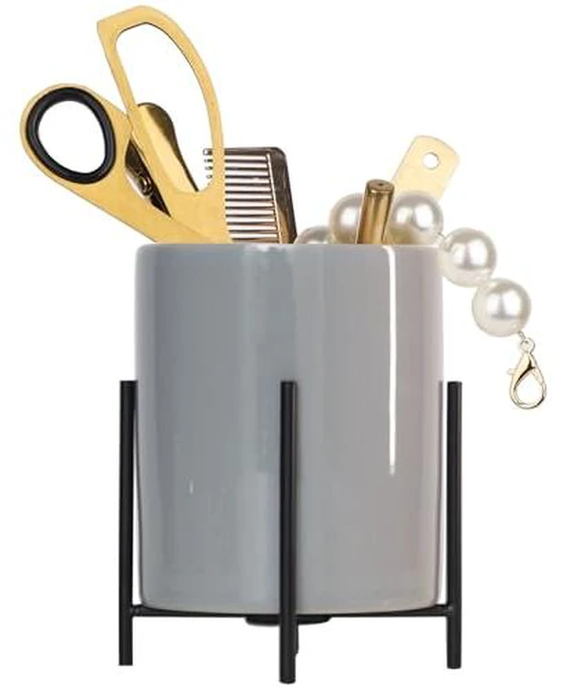 Alt view image 5 of 5 - pencil cup Sturdy metal frame with white ceramic pen holder For desks and kitchen appliance holders
