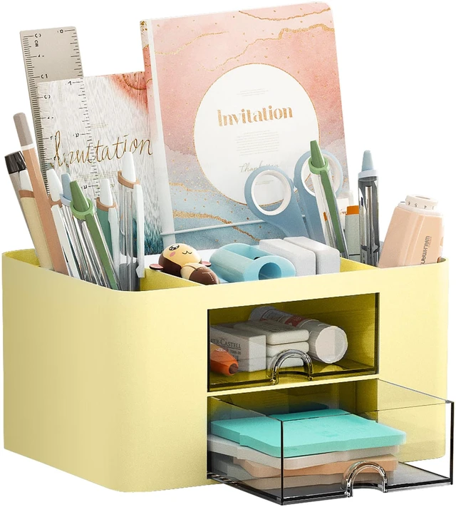 Main image of Pen Organizer with 2 Drawer, Multi-Functional Pencil Holder for Desk, Desk Organizers and Accessories with 5 Compartments + Drawer for Office Art Supplies (Yellow)