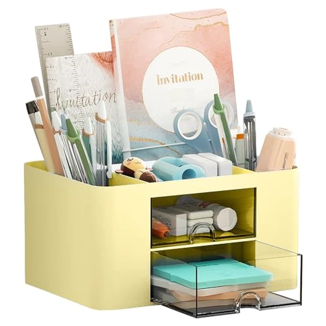 Alt view image 2 of 5 - Pen Organizer with 2 Drawer, Multi-Functional Pencil Holder for Desk, Desk Organizers and Accessories with 5 Compartments + Drawer for Office Art Supplies (Yellow)