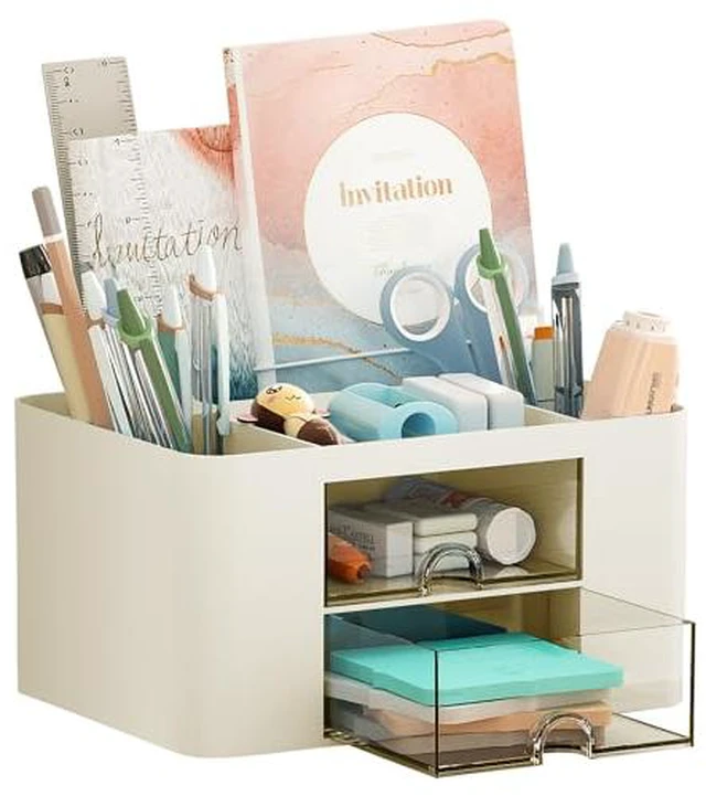 Alt view image 3 of 5 - Pen Organizer with 2 Drawer, Multi-Functional Pencil Holder for Desk, Desk Organizers and Accessories with 5 Compartments + Drawer for Office Art Supplies (Yellow)