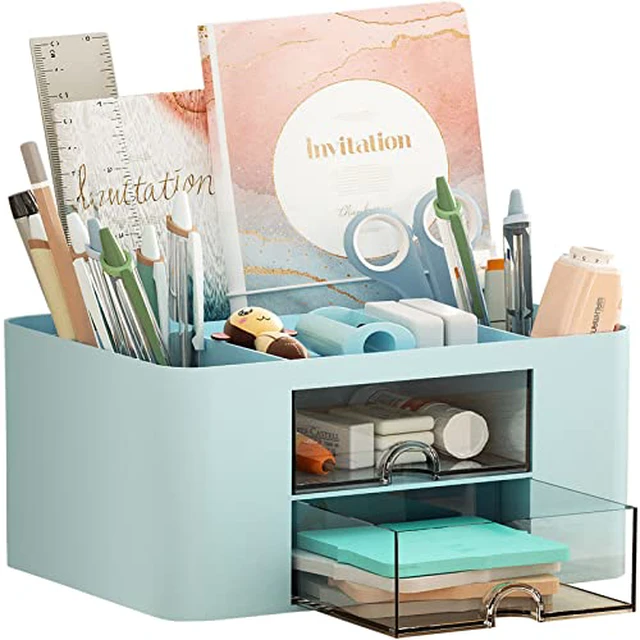 Alt view image 4 of 5 - Pen Organizer with 2 Drawer, Multi-Functional Pencil Holder for Desk, Desk Organizers and Accessories with 5 Compartments + Drawer for Office Art Supplies (Yellow)