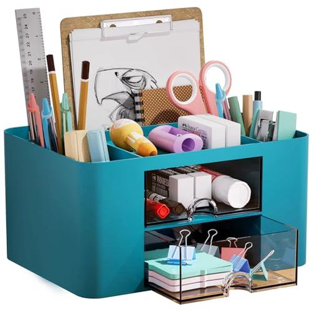 Alt view image 5 of 5 - Pen Organizer with 2 Drawer, Multi-Functional Pencil Holder for Desk, Desk Organizers and Accessories with 5 Compartments + Drawer for Office Art Supplies (Yellow)