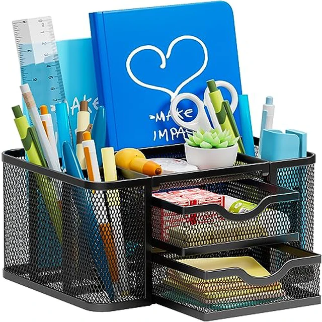 Alt view image 2 of 5 - Mesh Desk Organizer, Pen Organizer with 2 Drawer, Multi-Functional Pencil Holder, Desk Organizers and Accessories with 5 Compartments + Drawer for Office Art Supplies (Black)