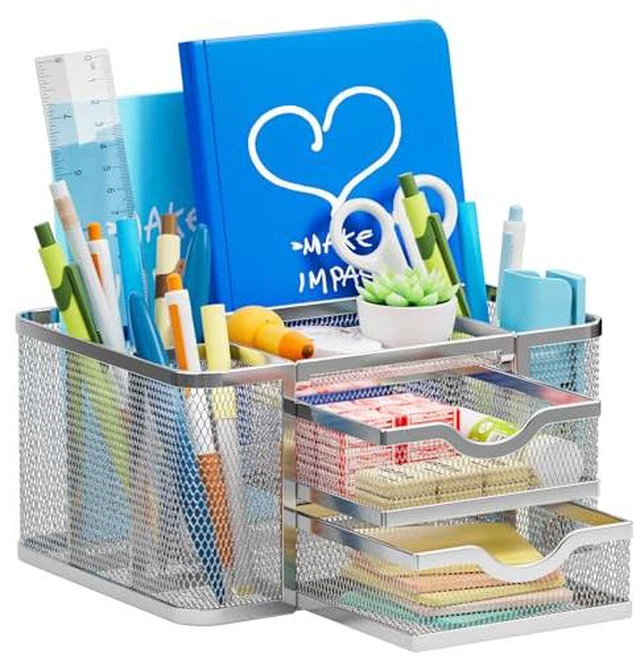 Alt view image 3 of 5 - Mesh Desk Organizer, Pen Organizer with 2 Drawer, Multi-Functional Pencil Holder, Desk Organizers and Accessories with 5 Compartments + Drawer for Office Art Supplies (Black)