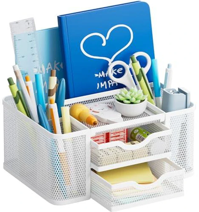 Alt view image 4 of 5 - Mesh Desk Organizer, Pen Organizer with 2 Drawer, Multi-Functional Pencil Holder, Desk Organizers and Accessories with 5 Compartments + Drawer for Office Art Supplies (Black)