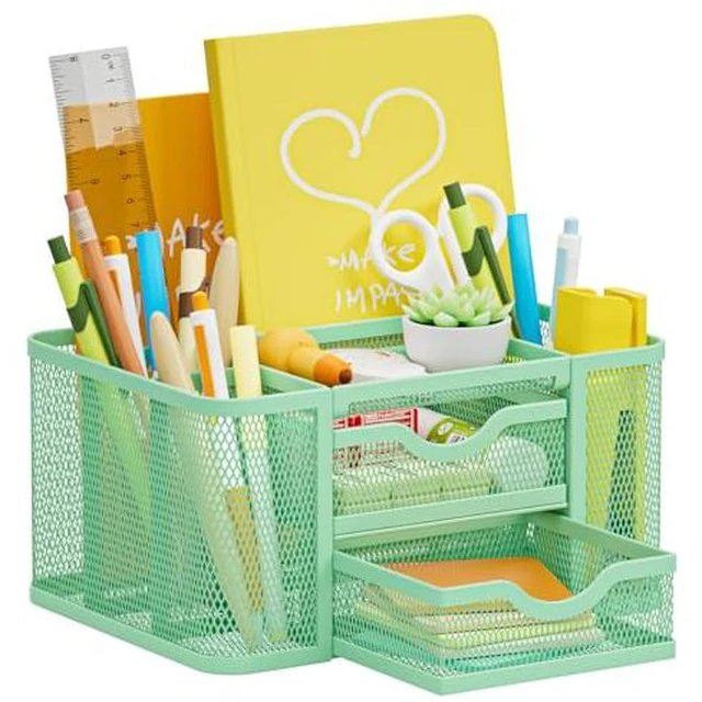 Alt view image 5 of 5 - Mesh Desk Organizer, Pen Organizer with 2 Drawer, Multi-Functional Pencil Holder, Desk Organizers and Accessories with 5 Compartments + Drawer for Office Art Supplies (Black)