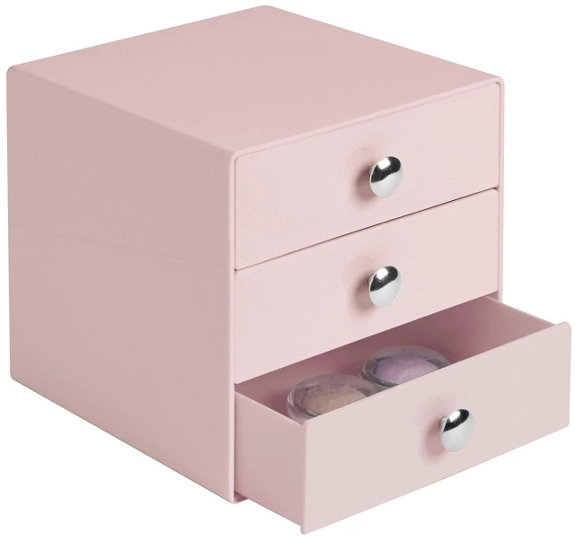 Main image of Plastic 3-Drawer Jewelry Box, Pink, 6.5" x 6.5" x 6.5"