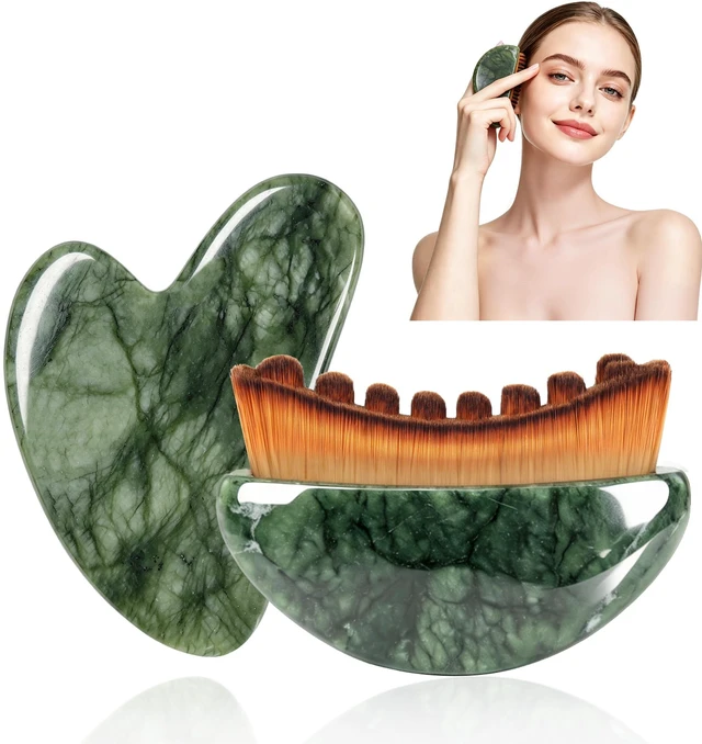 Main image of Lymphatic Contour Brushes & Jade Gua Sha Set, 2 in 1 Jade Contour Brushes, Gua Sha Facial Tools, Contour Face Brush for Lymphatic Drainage, Face Massage Gift Set