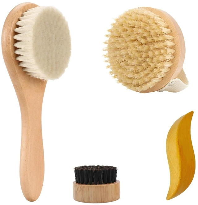 Main image of Dry Brushing Set - Natural Boar Bristle Body & Face Brush +Dry Skin Exfoliating Scrubber +Wood Therapy Massage Tool for Gua Sha Anti-Cellulite (4 Pack)
