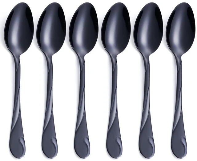 Main image of Black Dinner Spoon Set, Seeshine 7.6-inch Stainless Steel Shiny Black Soup Table Spoon Silverware, Set of 6
