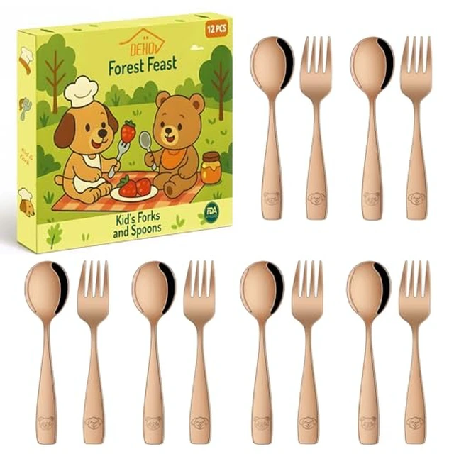 Alt view image 5 of 5 - Toddler Eating Utensils Set,Set Of 12 Food Grade Stainless Steel Silverware Sets For Kids,Dishwasher Safe Children Small Metal Spoons And Forks Flatware Sets