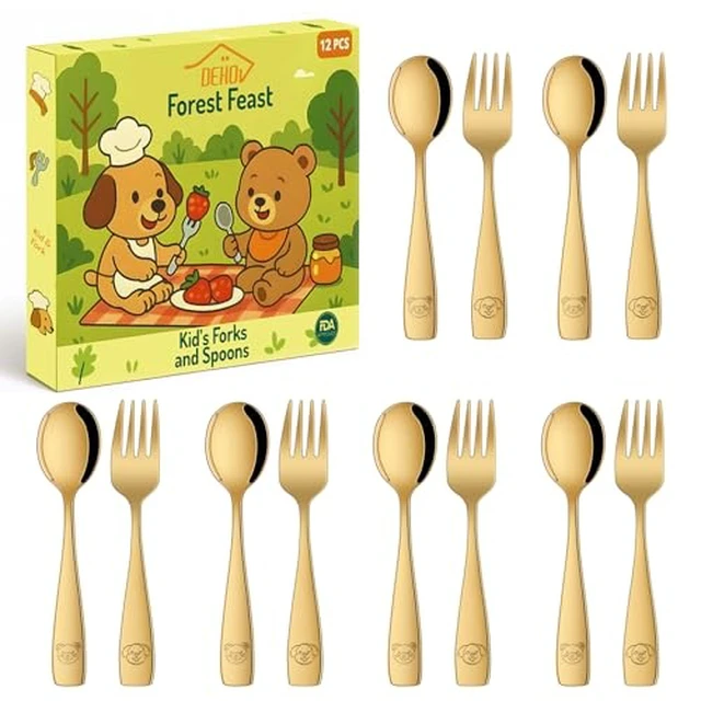 Alt view image 4 of 5 - Toddler Eating Utensils Set,Set Of 12 Food Grade Stainless Steel Silverware Sets For Kids,Dishwasher Safe Children Small Metal Spoons And Forks Flatware Sets
