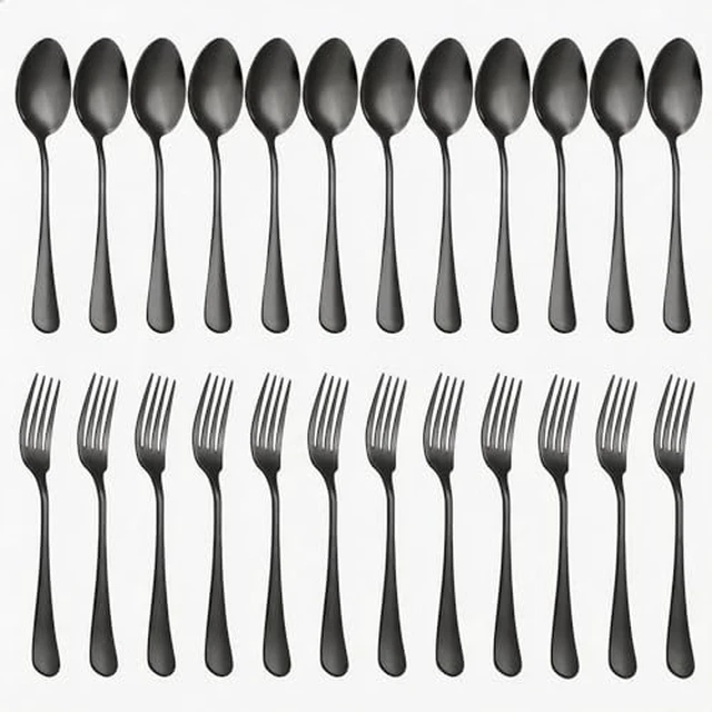 Alt view image 3 of 5 - of 12, Stainless Steel Dinner Forks and Spoons Silverware Set, Heavy-Duty Forks (8 Inch) and Spoons (6.7 Inch) Cutlery Set, Dishwasher Safe (Black)