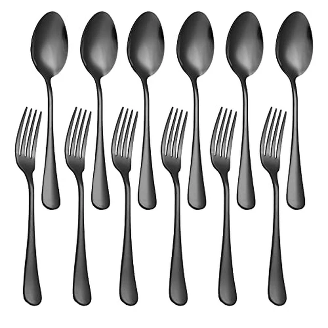 Alt view image 2 of 5 - of 12, Stainless Steel Dinner Forks and Spoons Silverware Set, Heavy-Duty Forks (8 Inch) and Spoons (6.7 Inch) Cutlery Set, Dishwasher Safe (Black)