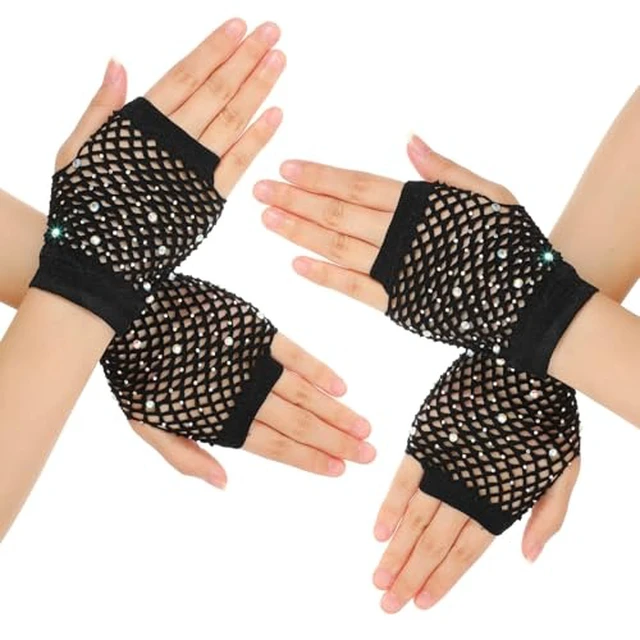 Alt view image 2 of 2 - 2 Pairs Fishnet Gloves with Rhinestone Short Fingerless Fishnet Gloves