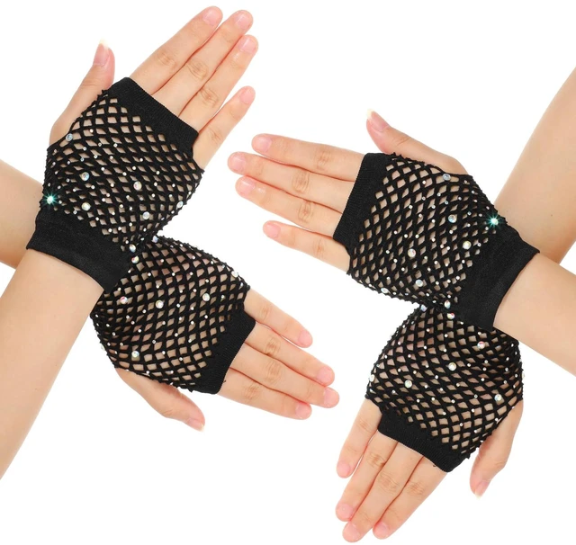 Main image of 2 Pairs Fishnet Gloves with Rhinestone Short Fingerless Fishnet Gloves