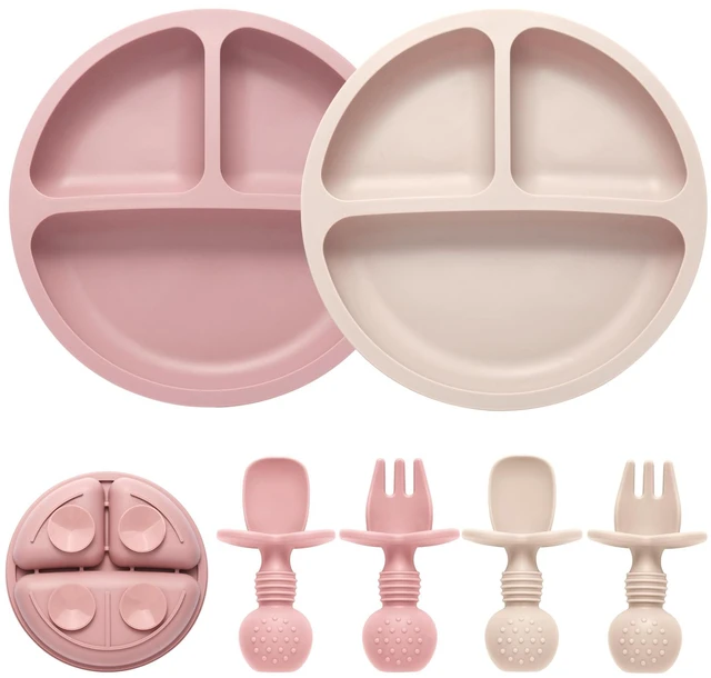 Main image of 2 Pack Divided Toddler Plates with Suction, Spoons and Forks Set