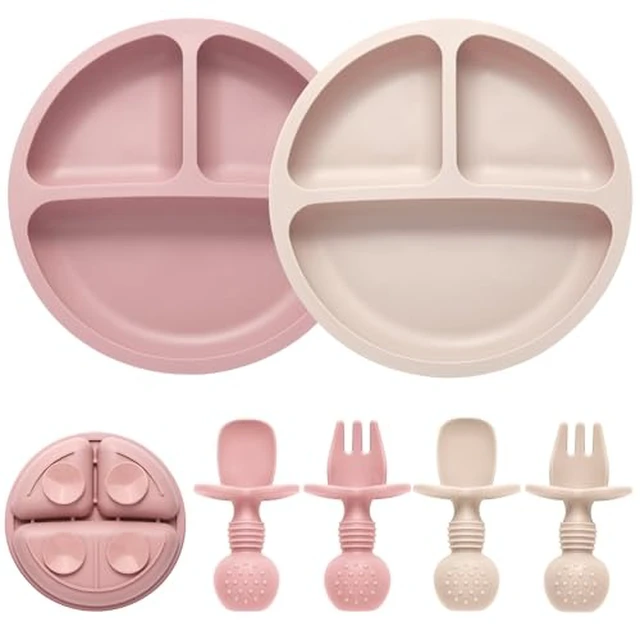 Alt view image 2 of 5 - 2 Pack Divided Toddler Plates with Suction, Spoons and Forks Set