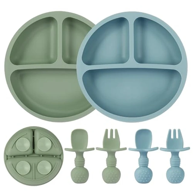 Alt view image 3 of 5 - 2 Pack Divided Toddler Plates with Suction, Spoons and Forks Set