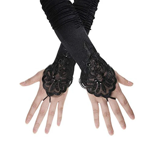 Alt view image 2 of 2 - 1920s Black Long Opera Gloves with Finger Loops Stretchy Fingerless Floral Embroidery Sequins Satin Evening Bridal Party Elbow Gloves for Women Theme Party Halloween Costume
