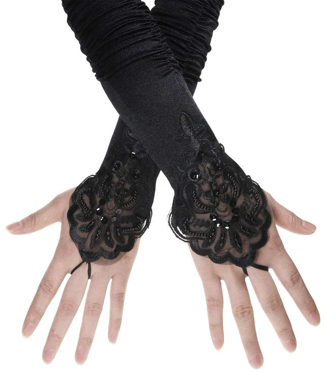 Main image of 1920s Black Long Opera Gloves with Finger Loops Stretchy Fingerless Floral Embroidery Sequins Satin Evening Bridal Party Elbow Gloves for Women Theme Party Halloween Costume