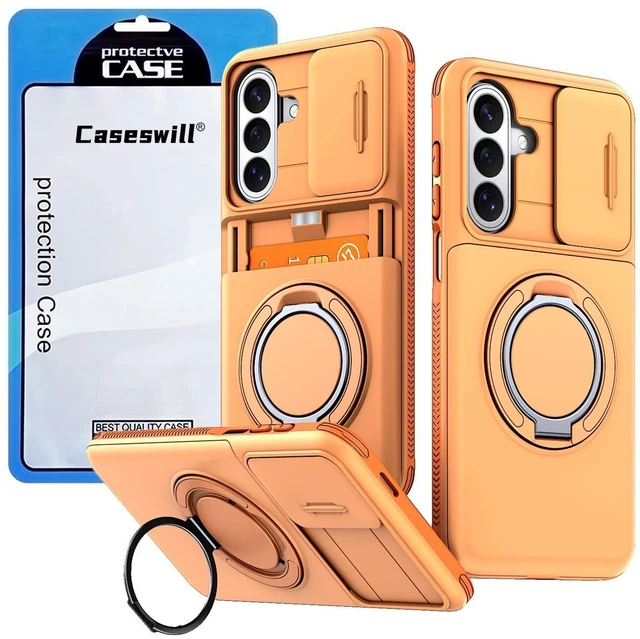 Main image of Caseswill for Samsung Galaxy S26 Case with 2X Screen Protector, Shockproof Magnetic Case with Card Holder, 360° Rotating Ring Stand & Slide Camera Cover - Orange