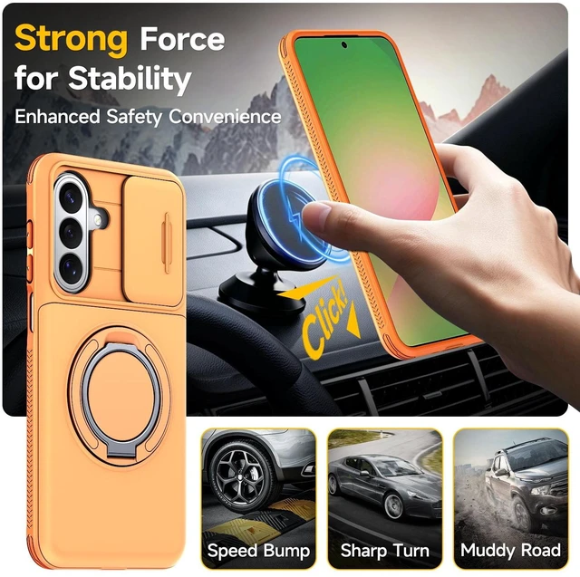 Alt view image 4 of 7 - Caseswill for Samsung Galaxy S26 Case with 2X Screen Protector, Shockproof Magnetic Case with Card Holder, 360° Rotating Ring Stand & Slide Camera Cover - Orange