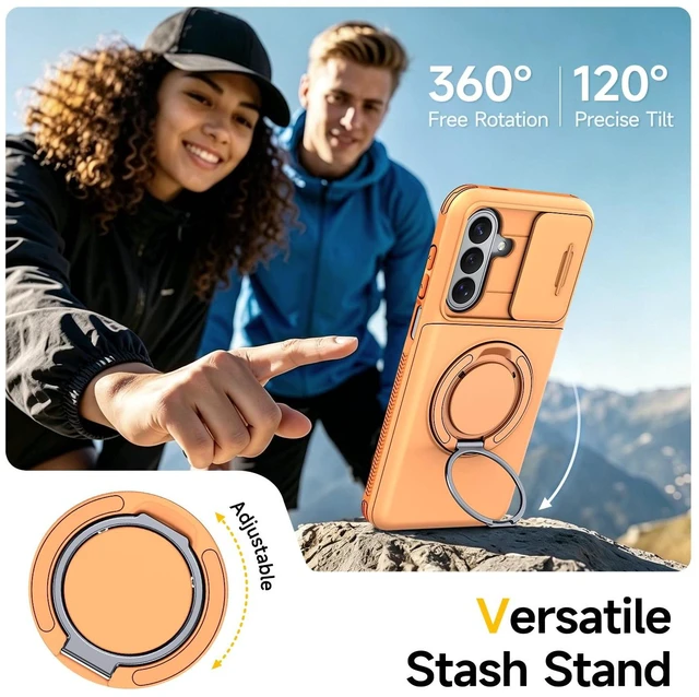 Alt view image 5 of 7 - Caseswill for Samsung Galaxy S26 Case with 2X Screen Protector, Shockproof Magnetic Case with Card Holder, 360° Rotating Ring Stand & Slide Camera Cover - Orange
