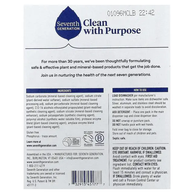 Alt view image 3 of 5 - Seventh Generation Dishwasher Detergent Packs for sparkling dishes Free & Clear Dishwasher tabs 20 count