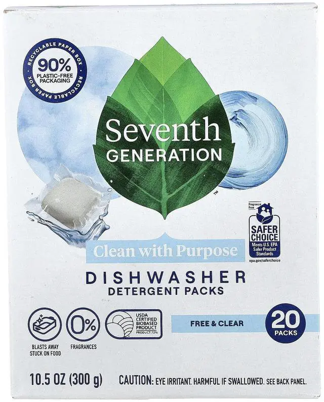 Alt view image 4 of 5 - Seventh Generation Dishwasher Detergent Packs for sparkling dishes Free & Clear Dishwasher tabs 20 count