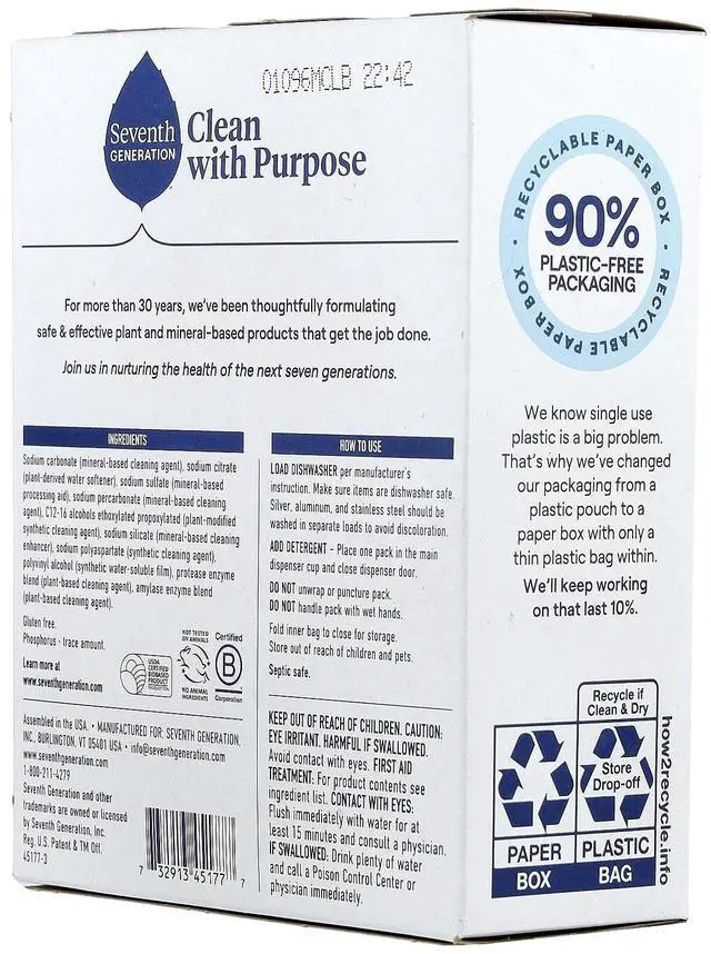 Alt view image 5 of 5 - Seventh Generation Dishwasher Detergent Packs for sparkling dishes Free & Clear Dishwasher tabs 20 count