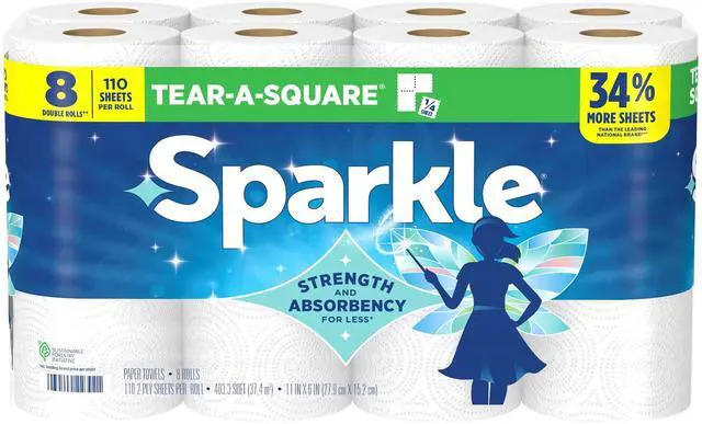 Main image of Sparkle Tear-A-Square Paper Towels, 8 Double Rolls, 110 Sheets per Roll